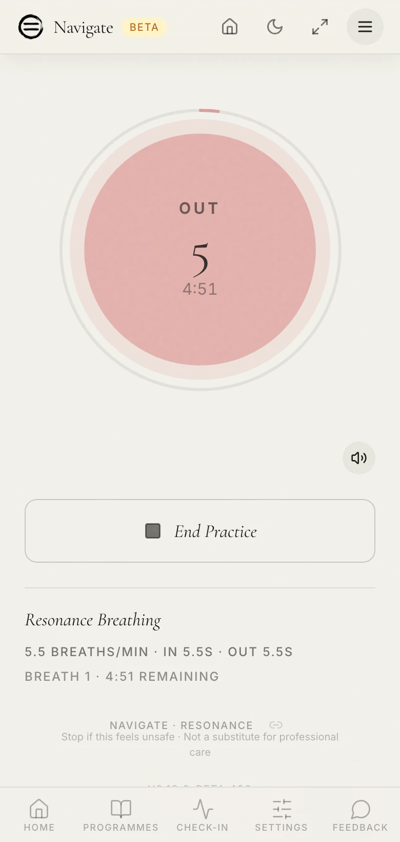 Resonance Breathing mid-session: a soft circle guiding the out-breath at 5.5 breaths per minute with the time remaining shown
