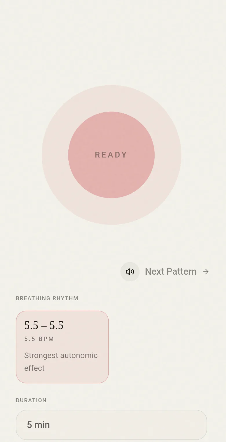 A Navigate breathing tool paused and ready: Resonance Breath at 5.5 breaths per minute with a five minute duration