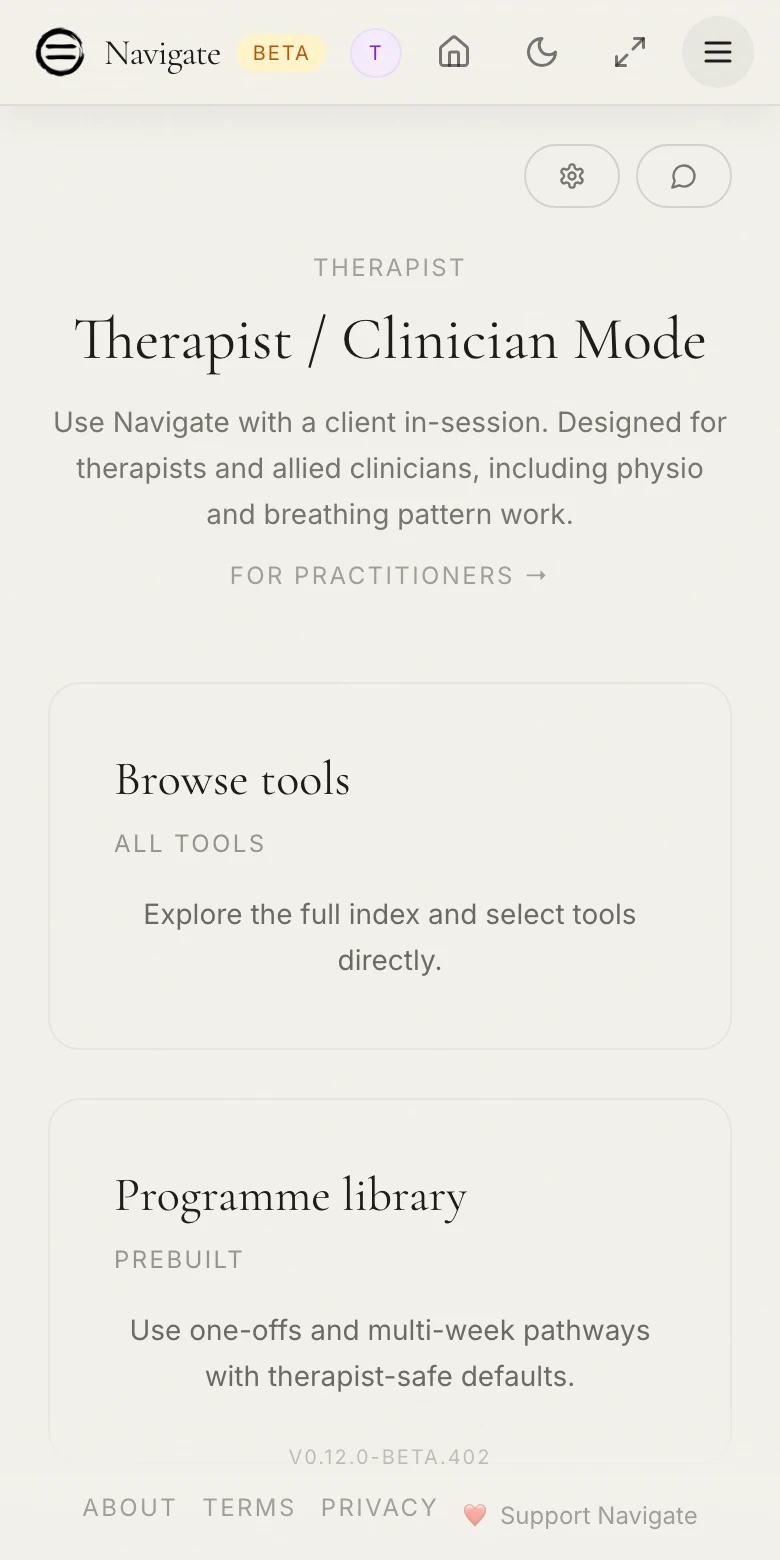 The Navigate therapist hub with browse tools and programme library options