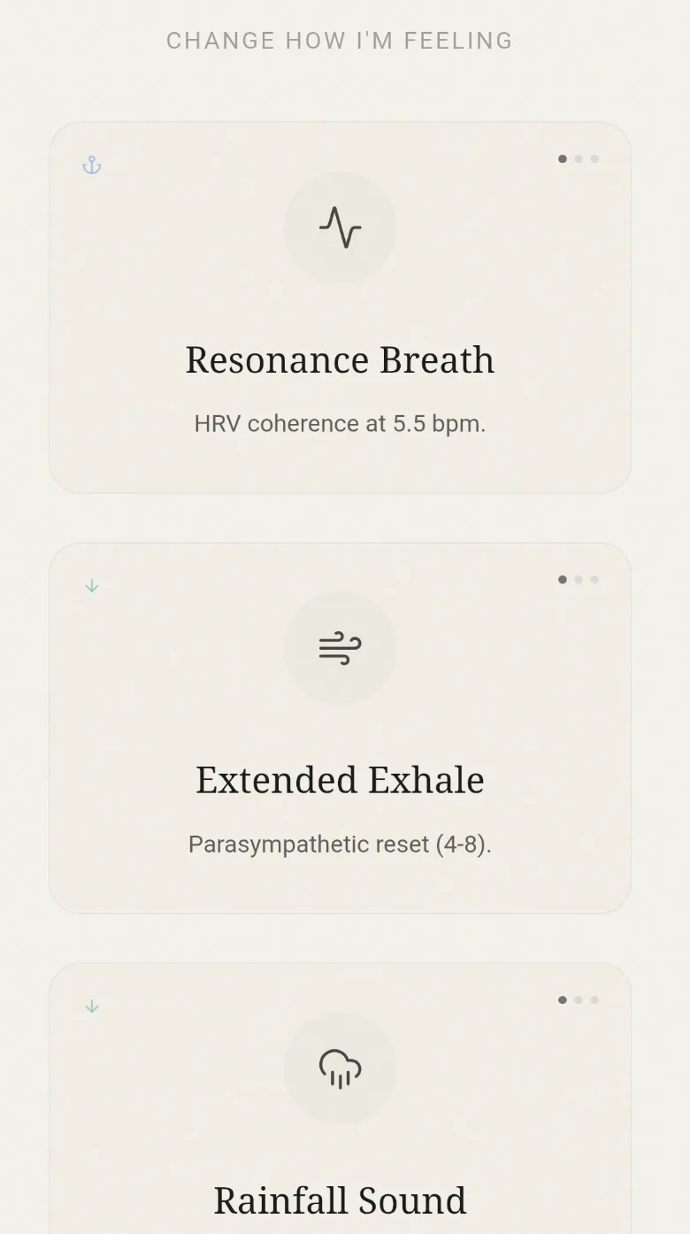 Suggested tools after a check-in: Resonance Breath, Extended Exhale and Rainfall Sound